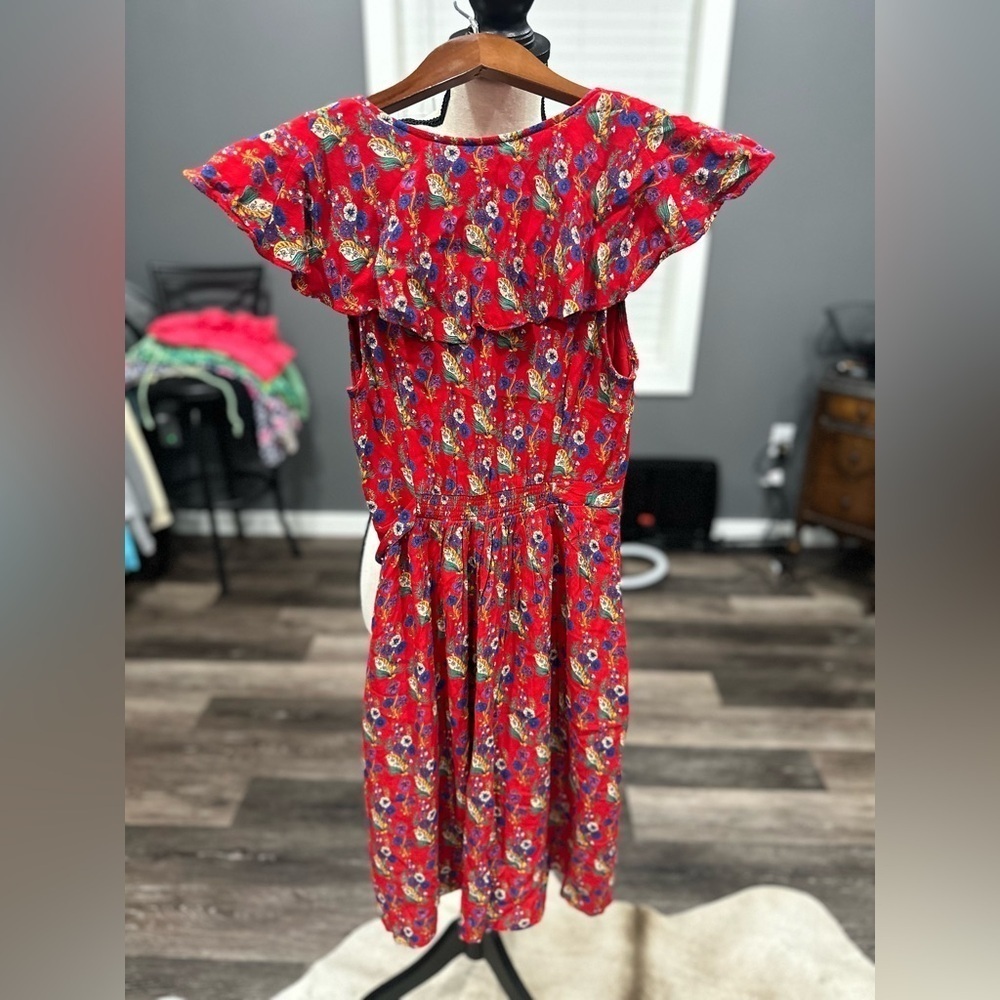 $150 Anthropologie Maeve Wrap Dress Red Floral Rosalia Ruffle Sleeveless Sz 0 - Picture 6 of 11